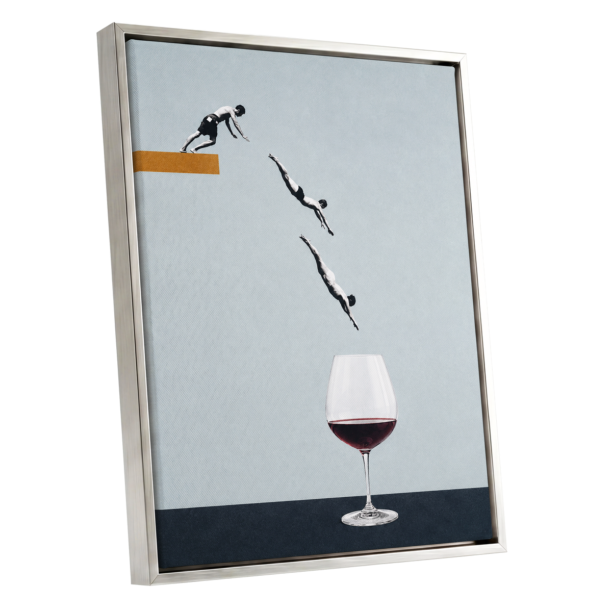 Dive into Claret, blue, black, white minimalist wall art shown as a silver framed canvas wall art