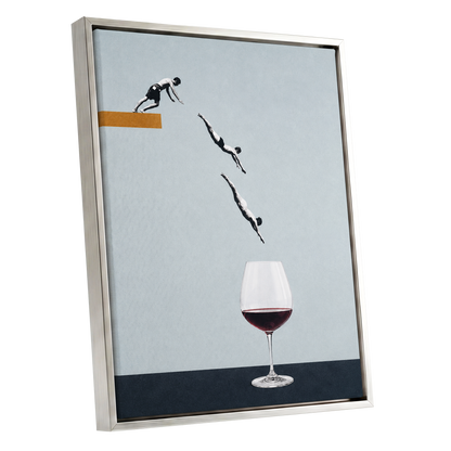Dive into Claret, blue, black, white minimalist wall art shown as a silver framed canvas wall art