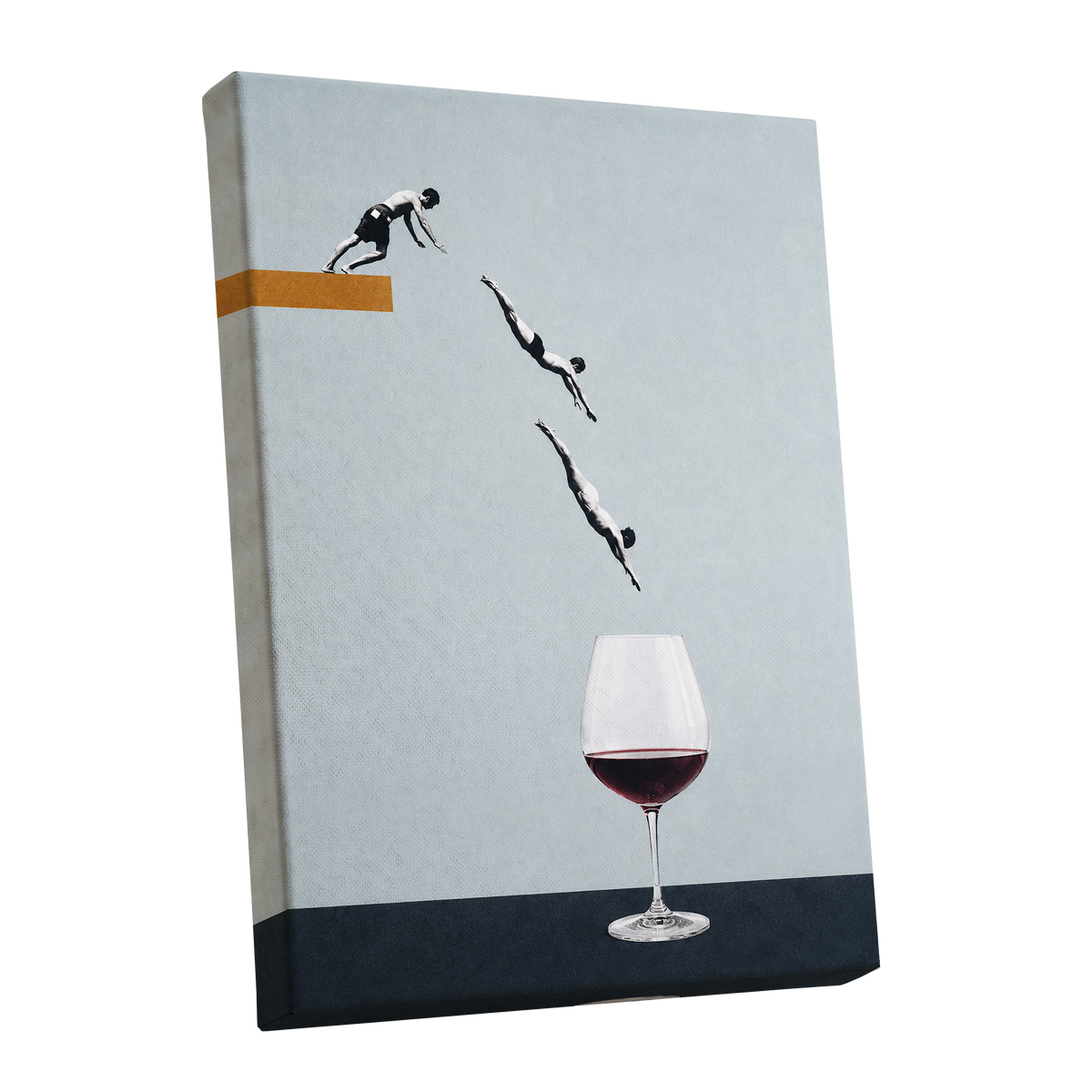 Dive into Claret, blue, black, white minimalist wall art shown as a stretched canvas wall art