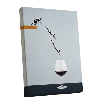 Dive into Claret, blue, black, white minimalist wall art shown as a stretched canvas wall art