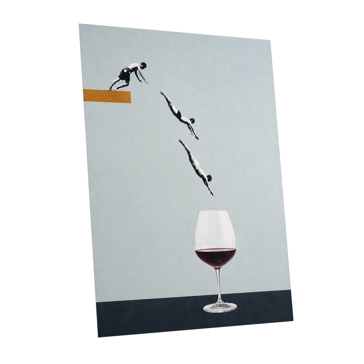 Dive into Claret, blue, black, white minimalist wall art shown as a unframed poster wall art print