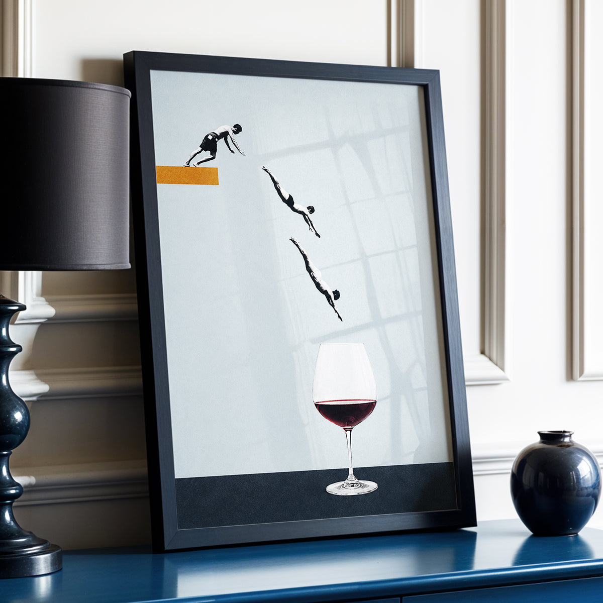 Dive into Claret, blue, black, white minimalist wall art displayed in a styled interior, gallery view 2