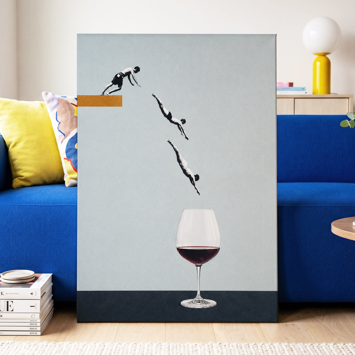 Dive into Claret, blue, black, white minimalist wall art displayed in a styled interior, gallery view 3