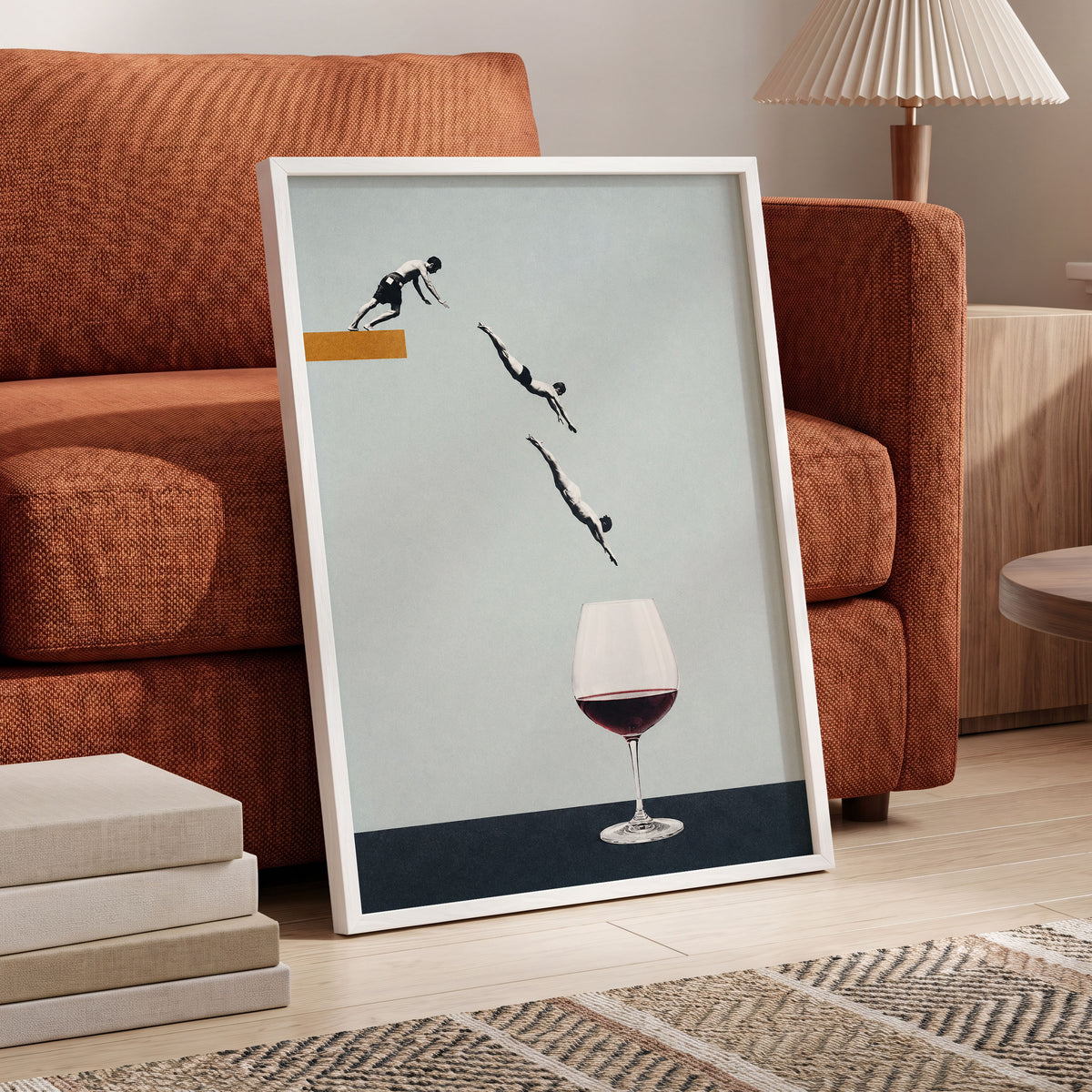 Dive into Claret, blue, black, white minimalist wall art displayed in a styled interior, gallery view 6