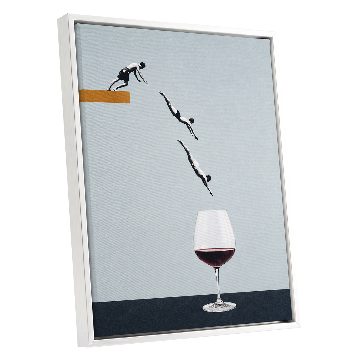 Dive into Claret, blue, black, white minimalist wall art shown as a white framed canvas wall art