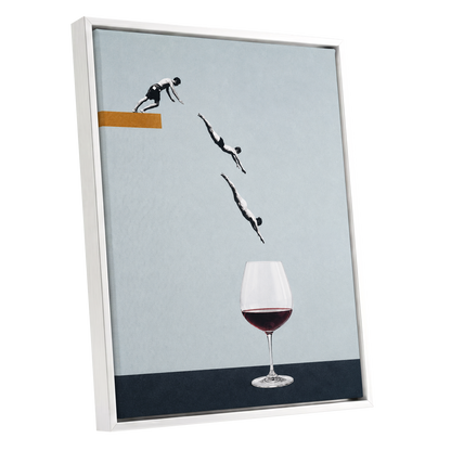 Dive into Claret, blue, black, white minimalist wall art shown as a white framed canvas wall art