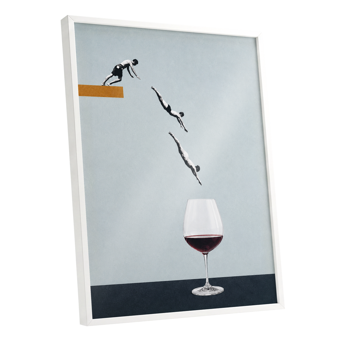 Dive into Claret, blue, black, white minimalist wall art shown as a white framed poster wall art print
