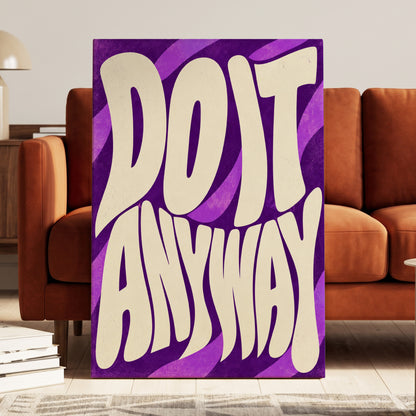 Do It Anyway Waves, purple, beige abstract wall art on canvas displayed in a styled interior, gallery view 1