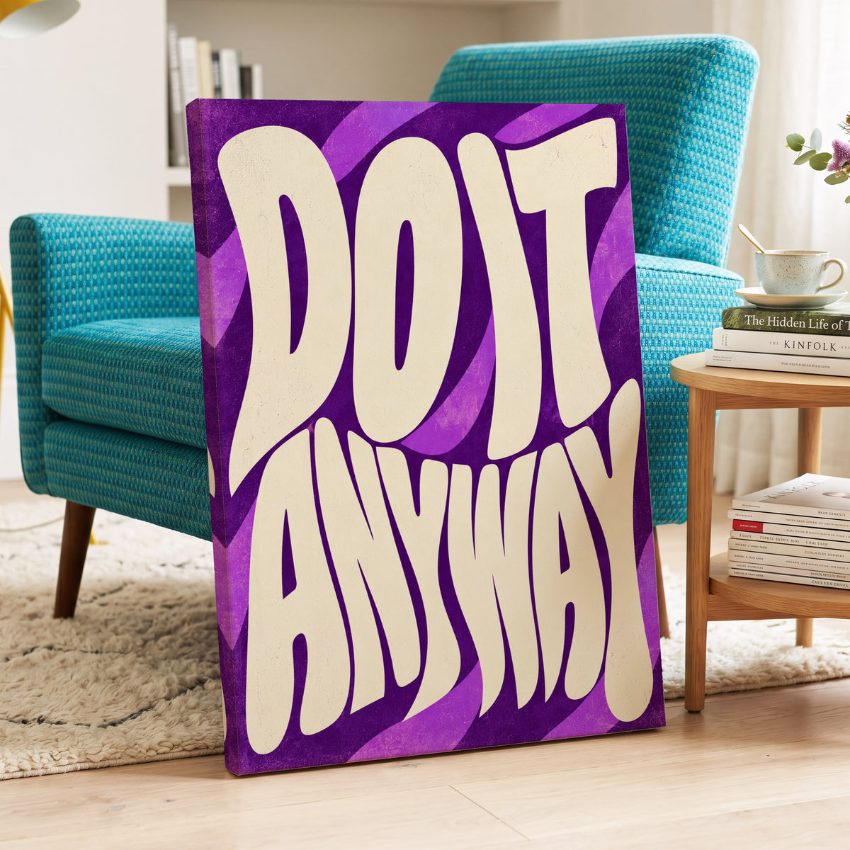 Do It Anyway Waves, purple, beige abstract wall art on canvas displayed in a styled interior, gallery view 2