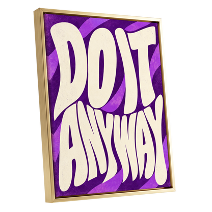 Do It Anyway Waves, purple, beige abstract wall art shown as a gold framed canvas wall art
