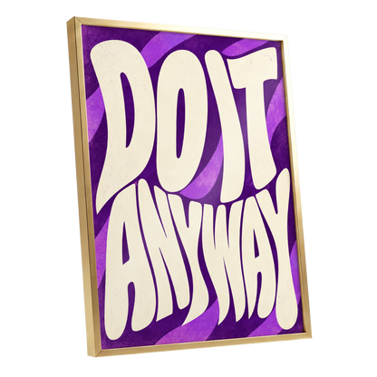 Do It Anyway Waves, purple, beige abstract wall art shown as a gold framed poster wall art print