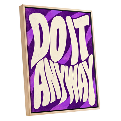 Do It Anyway Waves, purple, beige abstract wall art shown as a oak framed canvas wall art