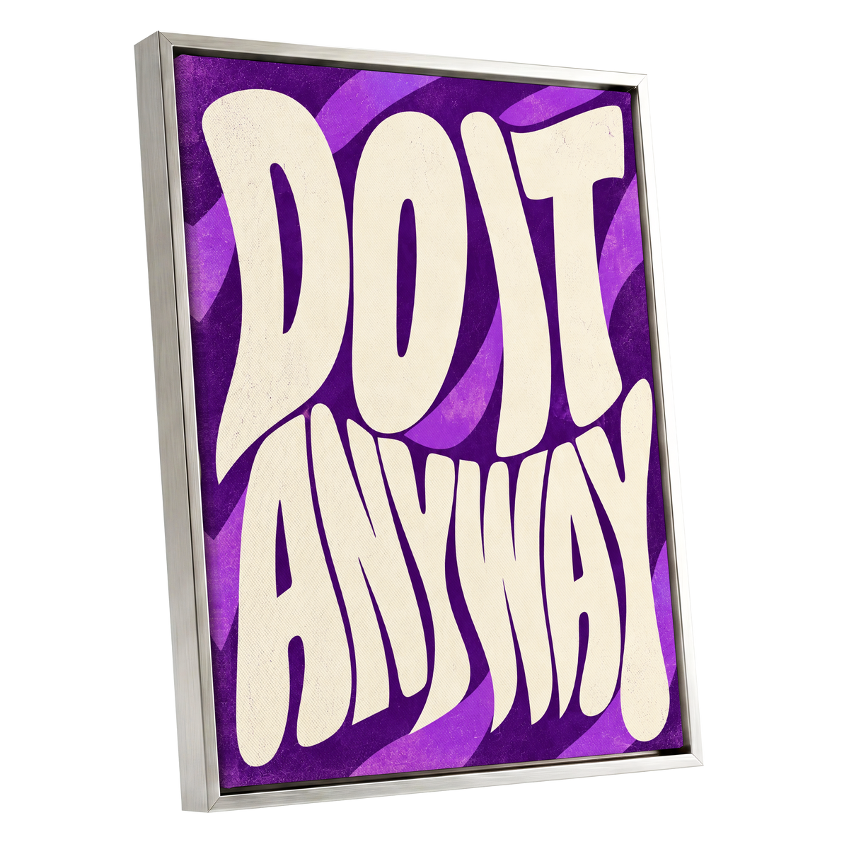 Do It Anyway Waves, purple, beige abstract wall art shown as a silver framed canvas wall art
