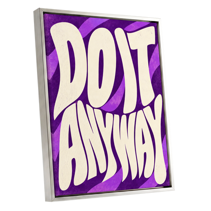 Do It Anyway Waves, purple, beige abstract wall art shown as a silver framed canvas wall art