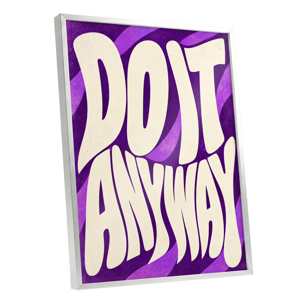 Do It Anyway Waves, purple, beige abstract wall art shown as a silver framed poster wall art print
