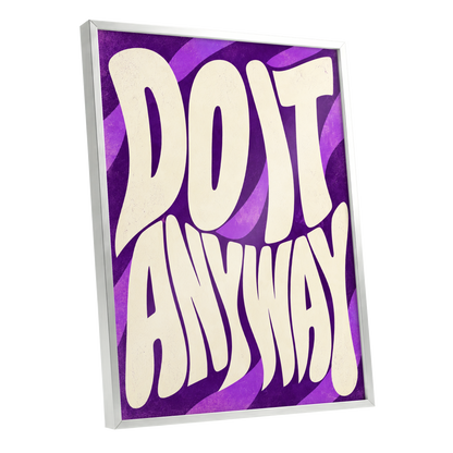 Do It Anyway Waves, purple, beige abstract wall art shown as a silver framed poster wall art print