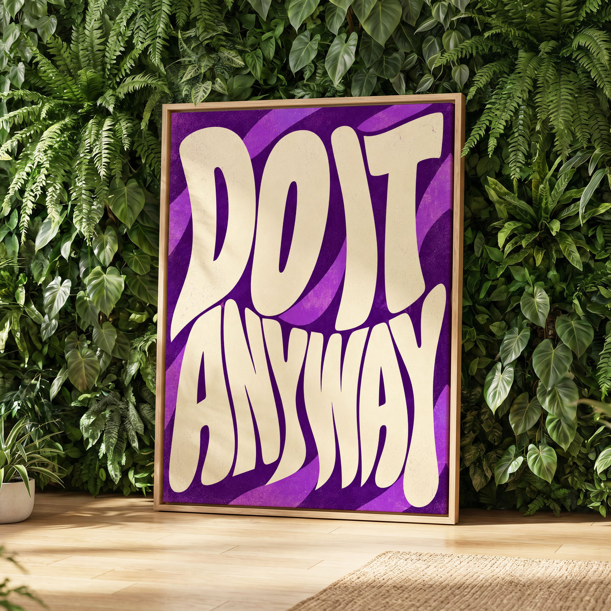 Do It Anyway Waves, purple, beige abstract wall art displayed in a styled interior, gallery view 2