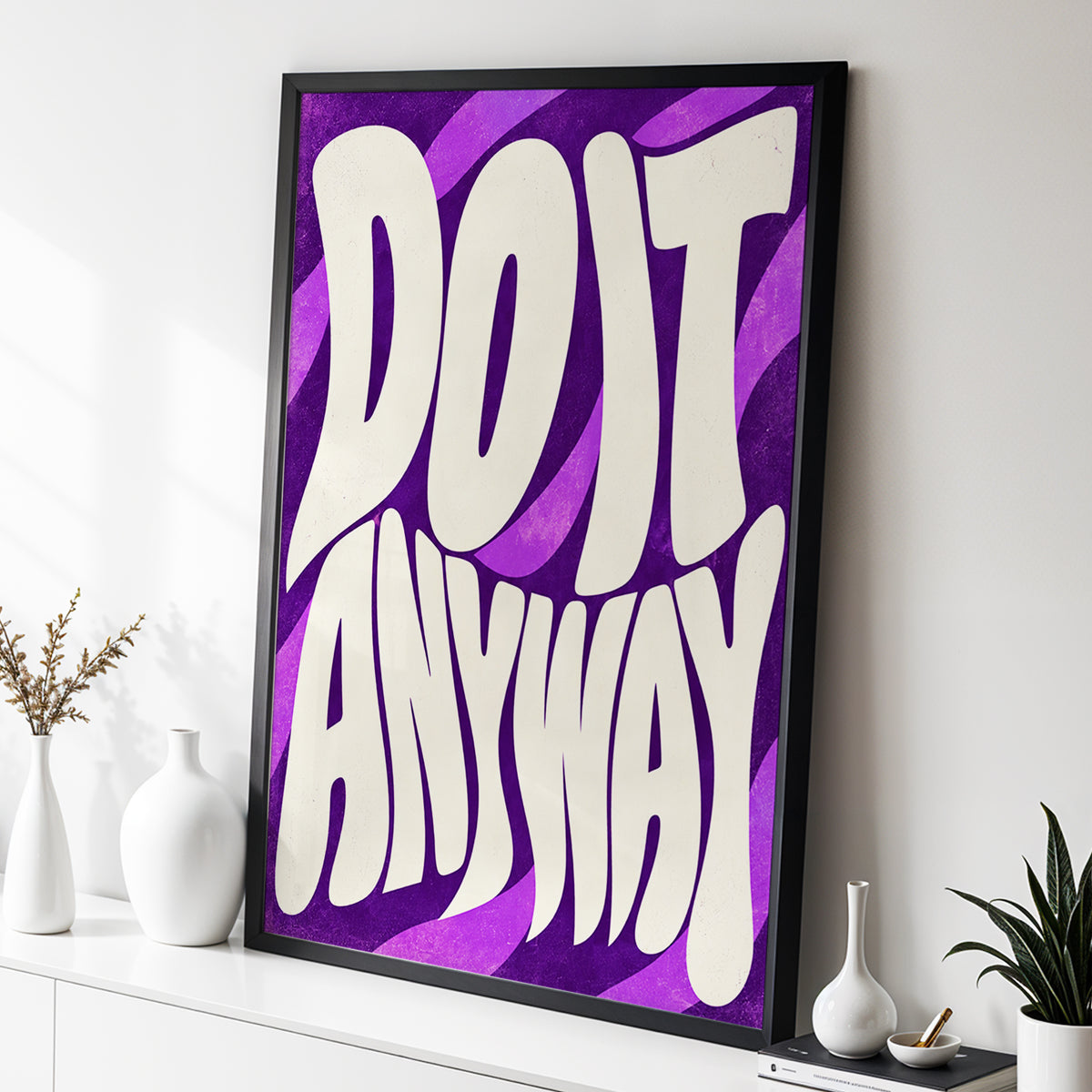 Do It Anyway Waves, purple, beige abstract wall art displayed in a styled interior, gallery view 3
