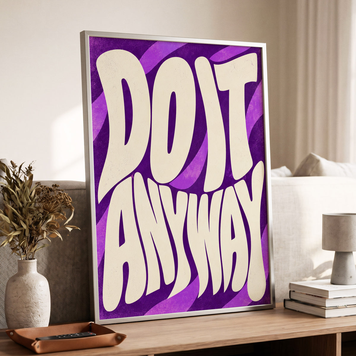 Do It Anyway Waves, purple, beige abstract wall art displayed in a styled interior, gallery view 4
