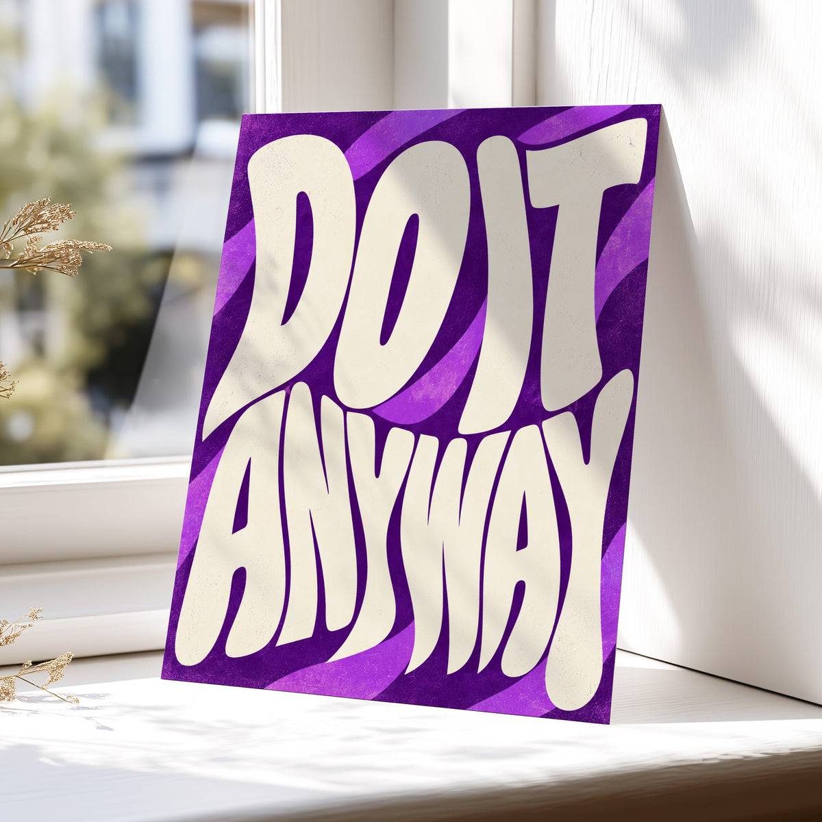 Do It Anyway Waves, purple, beige abstract wall art displayed in a styled interior, gallery view 5