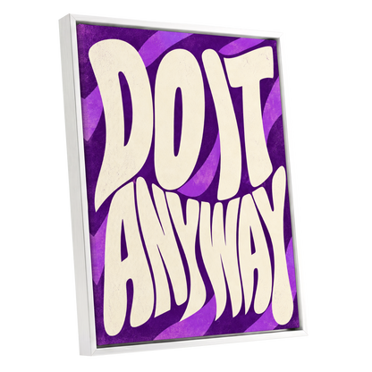 Do It Anyway Waves, purple, beige abstract wall art shown as a white framed canvas wall art