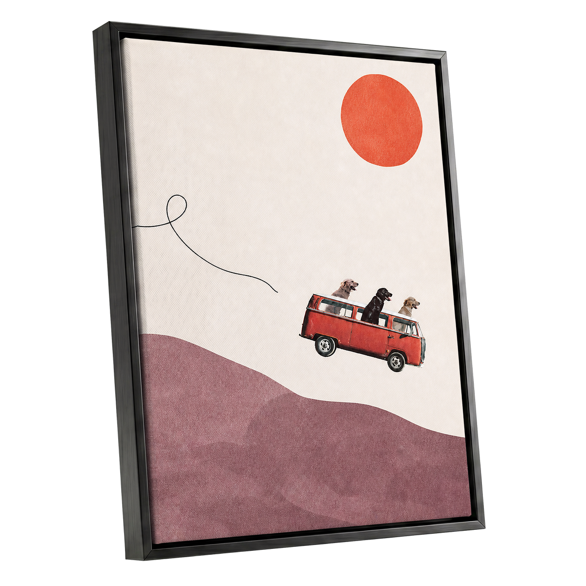 Dogs on a Detour, beige, pink, red minimalist wall art shown as a black framed canvas wall art