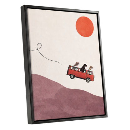 Dogs on a Detour, beige, pink, red minimalist wall art shown as a black framed canvas wall art
