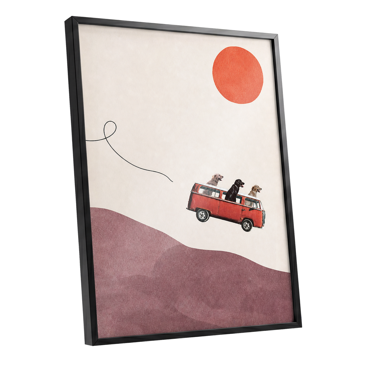 Dogs on a Detour, beige, pink, red minimalist wall art shown as a black framed poster wall art print
