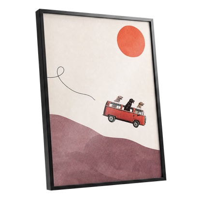 Dogs on a Detour, beige, pink, red minimalist wall art shown as a black framed poster wall art print