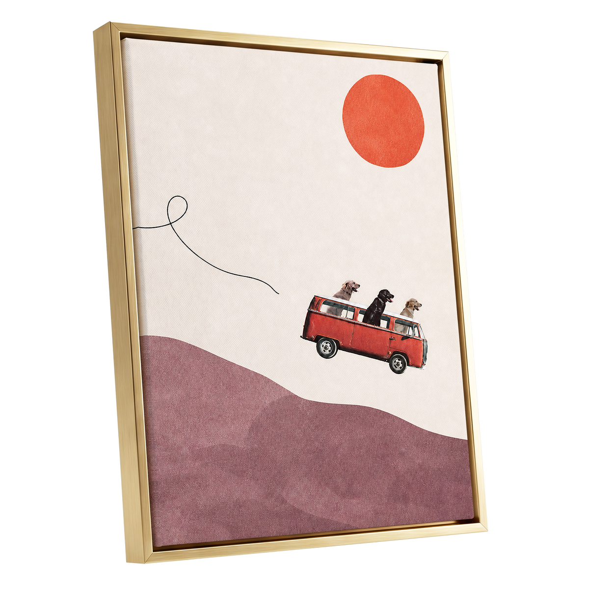 Dogs on a Detour, beige, pink, red minimalist wall art shown as a gold framed canvas wall art