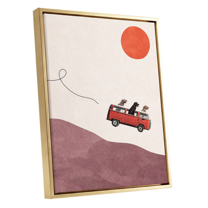 Dogs on a Detour, beige, pink, red minimalist wall art shown as a gold framed canvas wall art