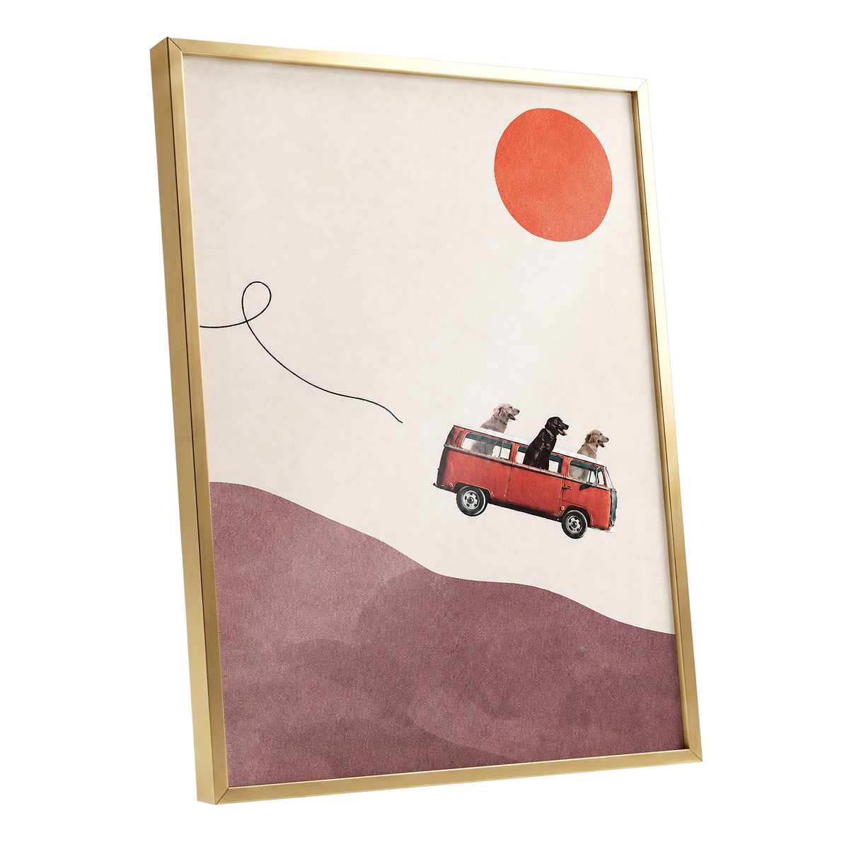 Dogs on a Detour, beige, pink, red minimalist wall art shown as a gold framed poster wall art print