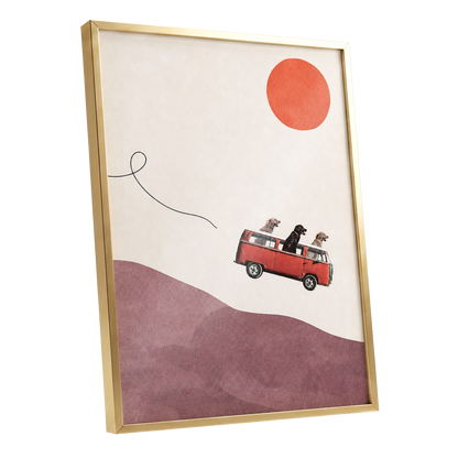 Dogs on a Detour, beige, pink, red minimalist wall art shown as a gold framed poster wall art print