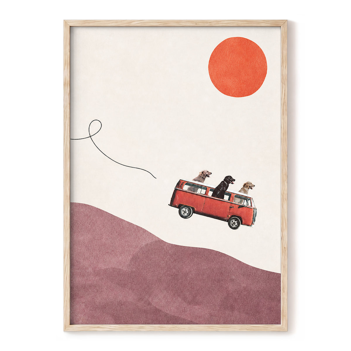 Dogs on a Detour, beige, pink, red minimalist wall art, front artwork view