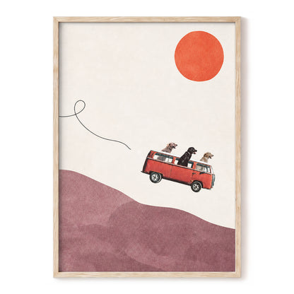Dogs on a Detour, beige, pink, red minimalist wall art, front artwork view