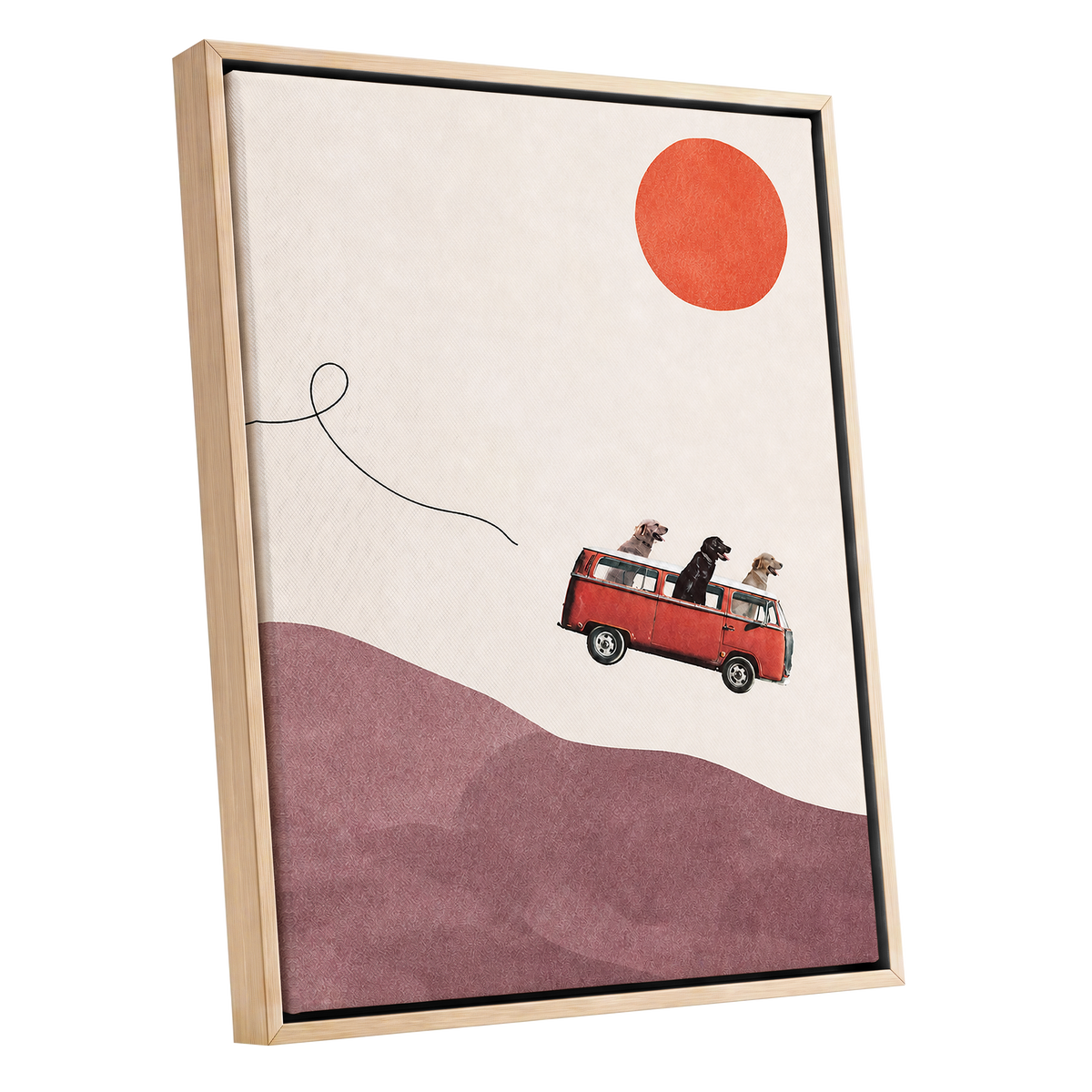 Dogs on a Detour, beige, pink, red minimalist wall art shown as a oak framed canvas wall art