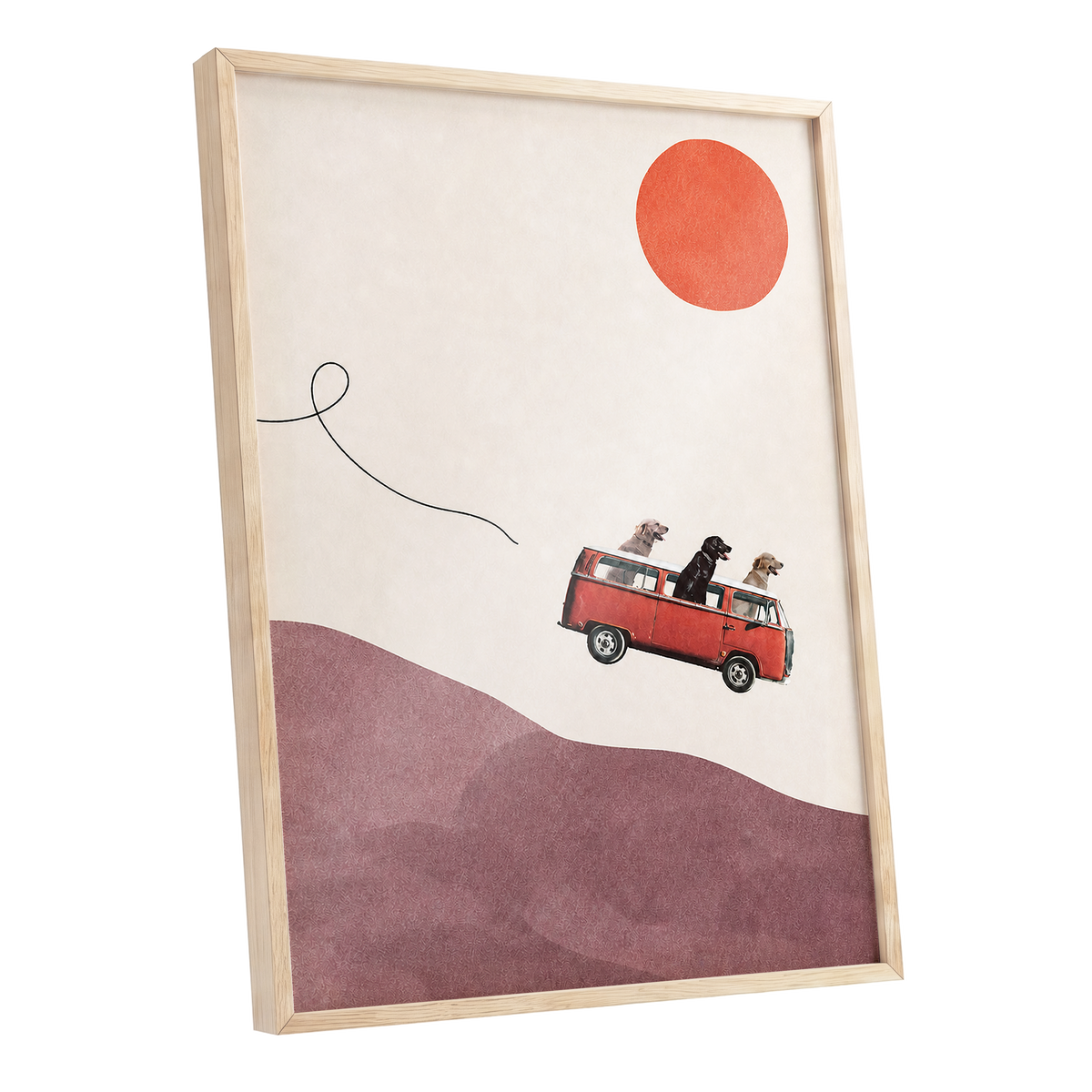 Dogs on a Detour, beige, pink, red minimalist wall art shown as a oak framed poster wall art print