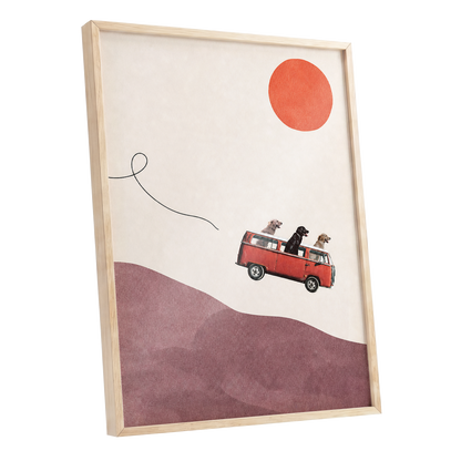 Dogs on a Detour, beige, pink, red minimalist wall art shown as a oak framed poster wall art print