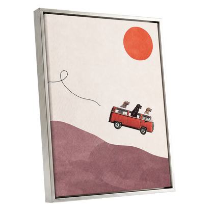 Dogs on a Detour, beige, pink, red minimalist wall art shown as a silver framed canvas wall art