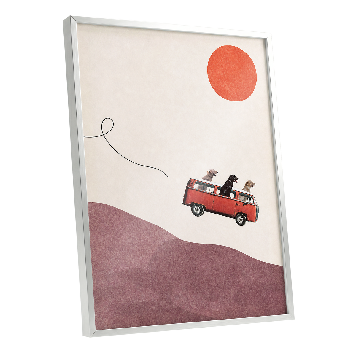 Dogs on a Detour, beige, pink, red minimalist wall art shown as a silver framed poster wall art print