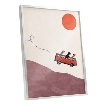 Dogs on a Detour, beige, pink, red minimalist wall art shown as a silver framed poster wall art print