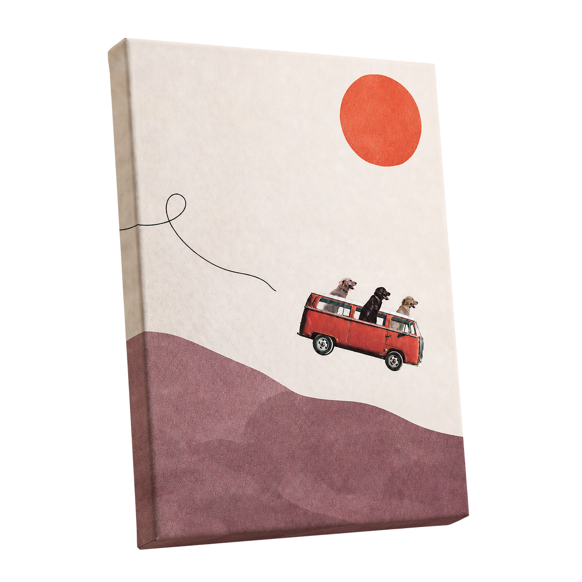 Dogs on a Detour, beige, pink, red minimalist wall art shown as a stretched canvas wall art