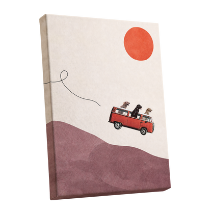 Dogs on a Detour, beige, pink, red minimalist wall art shown as a stretched canvas wall art