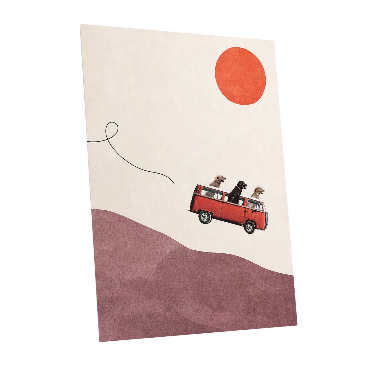 Dogs on a Detour, beige, pink, red minimalist wall art shown as a unframed poster wall art print