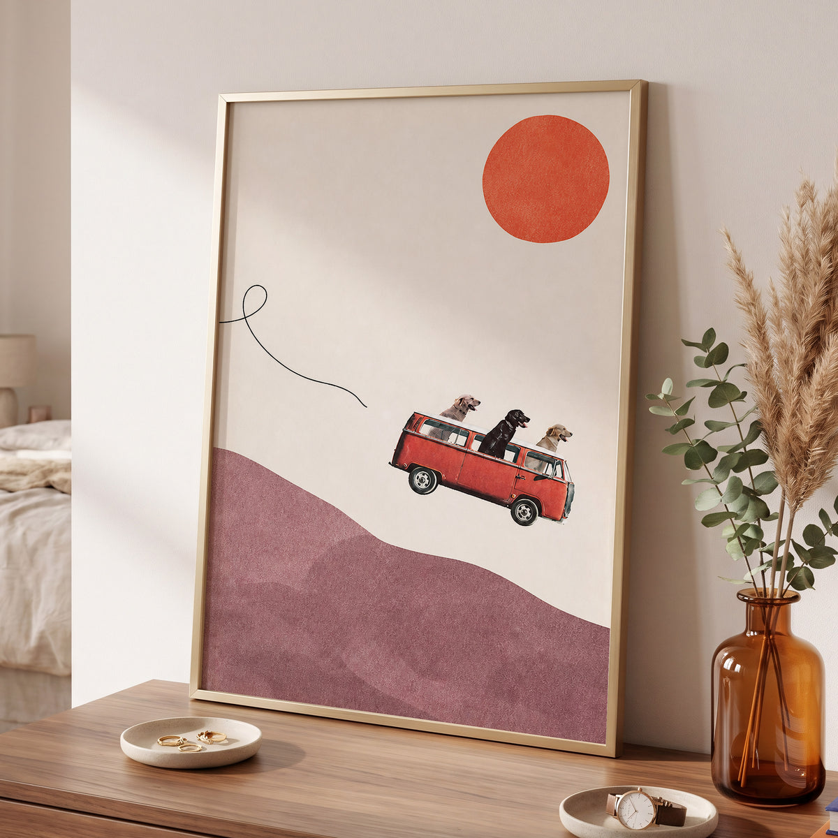 Dogs on a Detour, beige, pink, red minimalist wall art displayed in a styled interior, gallery view 2