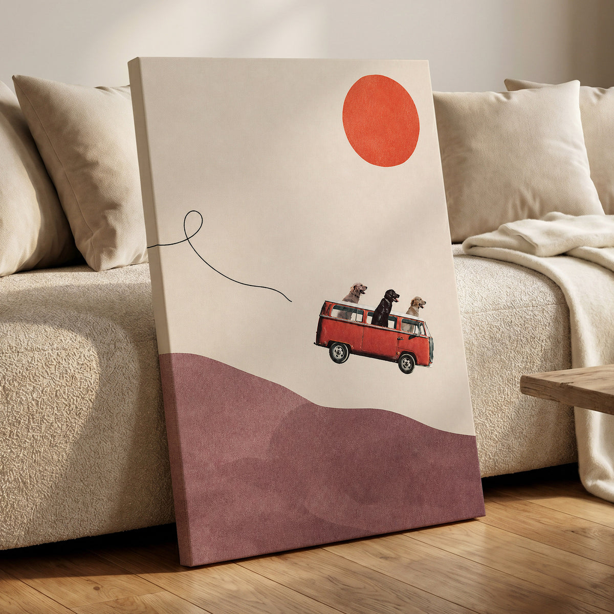 Dogs on a Detour, beige, pink, red minimalist wall art displayed in a styled interior, gallery view 3