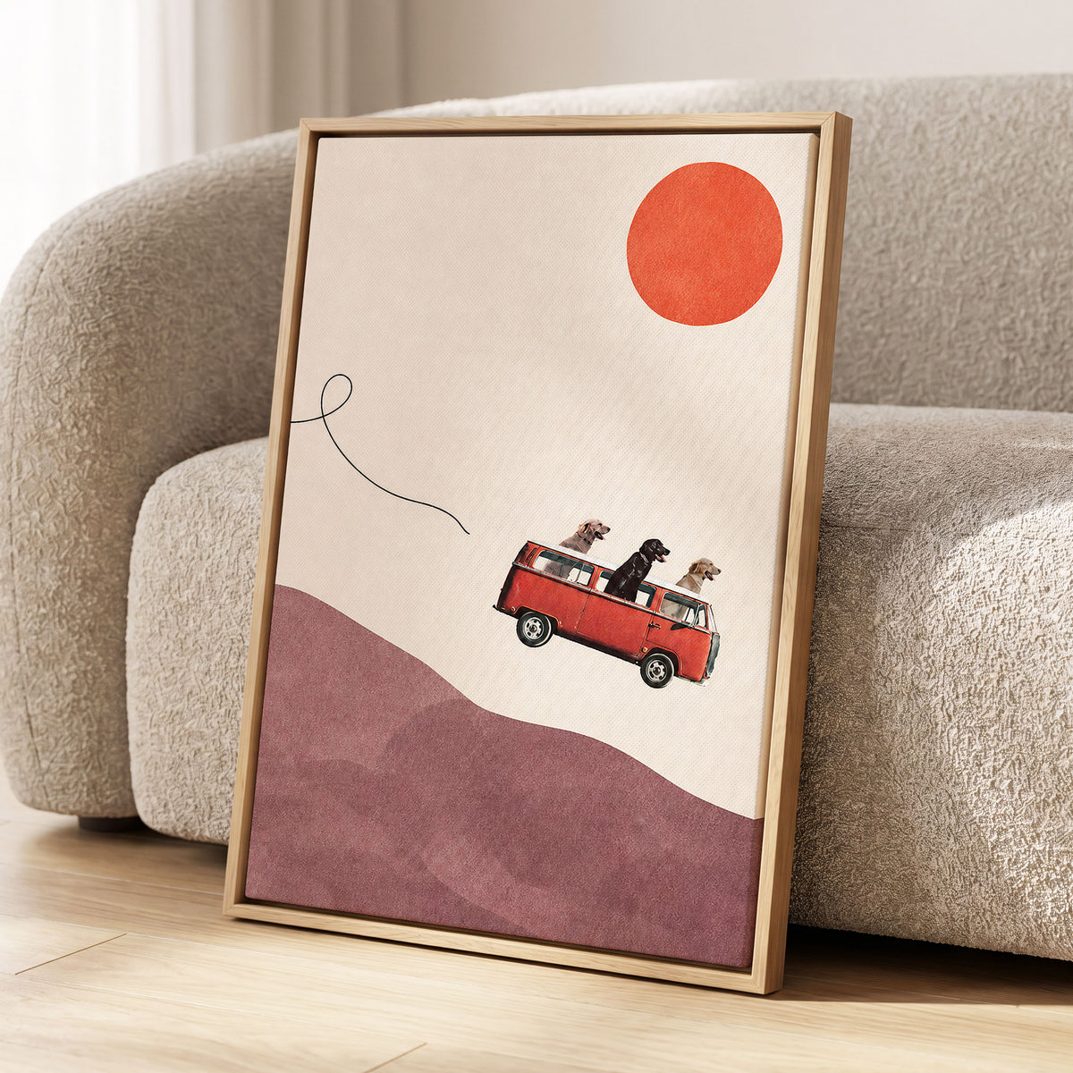 Dogs on a Detour, beige, pink, red minimalist wall art displayed in a styled interior, gallery view 4