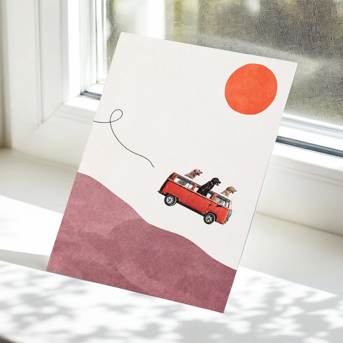 Dogs on a Detour, beige, pink, red minimalist wall art displayed in a styled interior, gallery view 5
