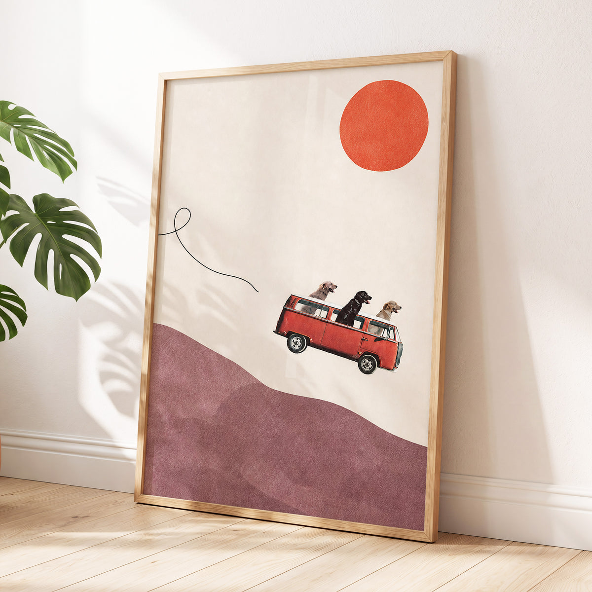 Dogs on a Detour, beige, pink, red minimalist wall art displayed in a styled interior, gallery view 6