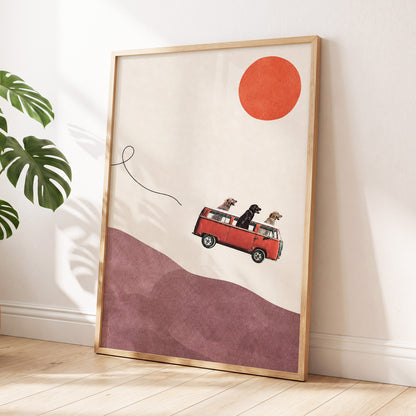 Dogs on a Detour, beige, pink, red minimalist wall art displayed in a styled interior, gallery view 6